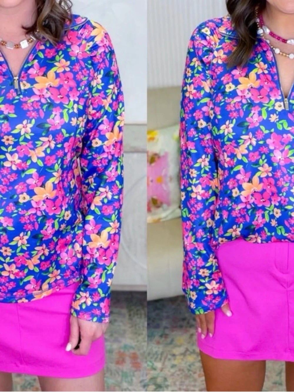 Women’s Floral Half-Zip Performance Top - Blue/Pink - Picture 7 of 7